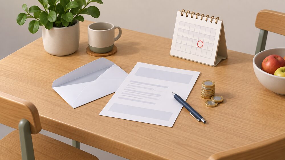 A kitchen table with a blank electricity bill and a plain envelope lying open, a small stack of coins beside them, a wall calendar showing a single circled late-summer date, and a pen resting on the paperwork.