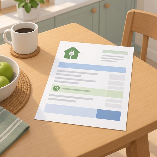 A domestic electricity bill lying on a kitchen table, drawn as a physical sheet with blank lines and plain colour bands, showing a single discount line applied to the electricity account, with no gas charges shown and no readable figures.