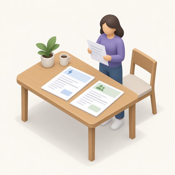 A kitchen table scene with an energy bill and benefit paperwork laid side by side, a small isometric figure standing beside them holding a letter, showing that the person named on the bill receives a qualifying means-tested benefit.