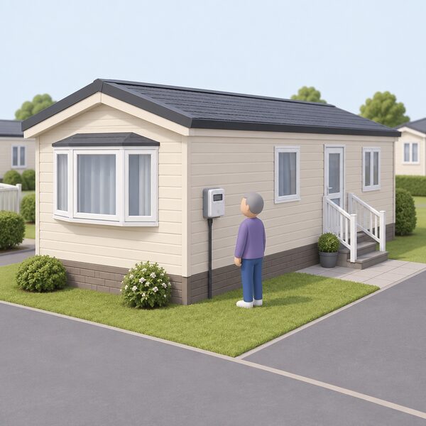 A single-storey park home on a residential park with an external electricity meter mounted on its outside wall, and a simplified resident figure standing beside the meter, showing the supply arrangement where the household buys electricity through the park site owner rather than a direct supplier account.