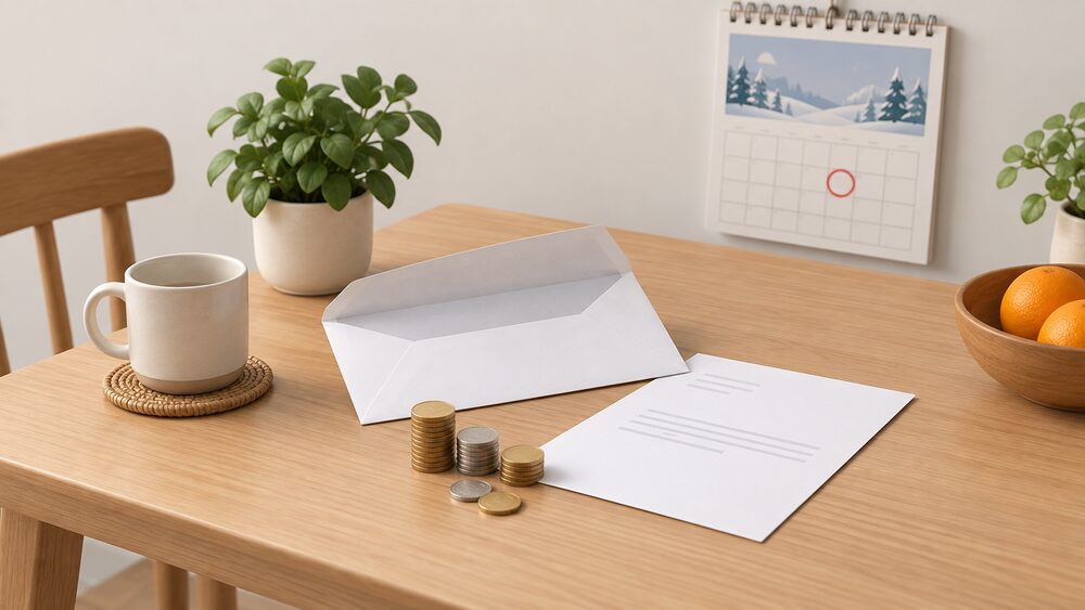 A small kitchen table with a blank electricity bill envelope lying open beside a short stack of coins and a letter, with a wall calendar showing a circled winter month behind them.