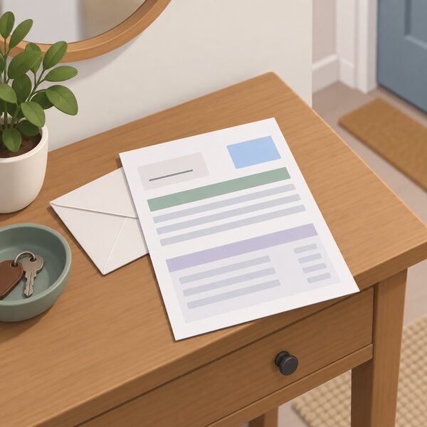 A paper electricity bill lying on a hall table beside an envelope, with the account holder's name shown as a single blank line on the address block and plain colour bands standing in for the rest of the bill content.
