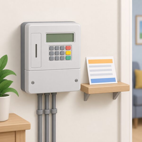 A domestic prepayment electricity meter mounted on a wall in a home, with a paper top-up voucher lying on a small shelf beside it, the voucher shown with blank lines and colour bands so no figures are readable.