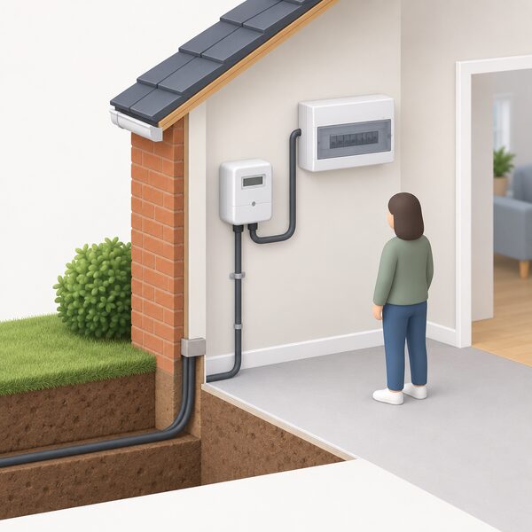 A domestic electricity meter mounted on an inside wall of a home, with the incoming grid supply cable rising from the ground outside into the meter and a consumer unit cable leaving it, showing the metered link between the household and the grid supply.