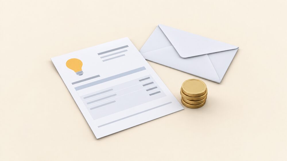 A small tabletop arrangement showing a blank electricity bill lying flat with a sealed envelope beside it and a small stack of coins, representing a one-off discount credited to an electricity account rather than paid as cash.