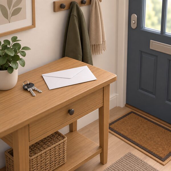 A plain white envelope lying unopened on a wooden hall table just inside a front door, beside a set of house keys, in a simple home hallway with a coat hook on the wall.