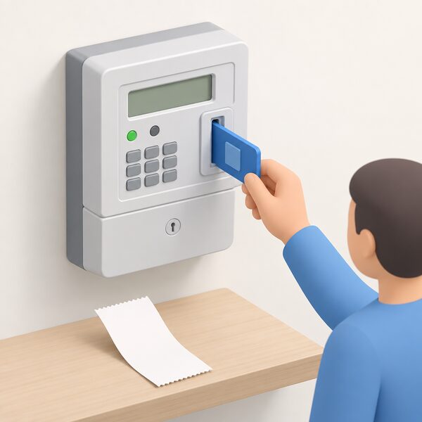 A domestic electricity prepayment meter mounted on a wall, with a hand holding a top-up key or card about to insert it, and a blank voucher slip resting nearby to show the discount arriving as a top-up voucher.