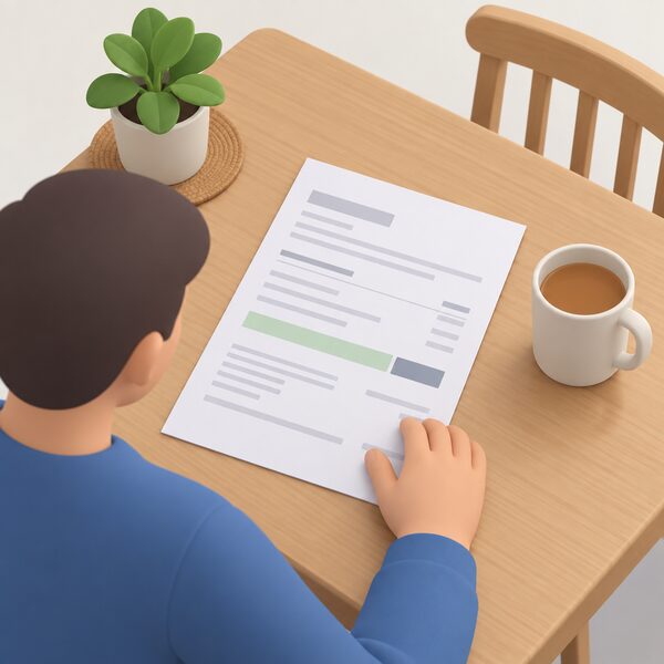 A paper electricity bill lying on a kitchen table beside a mug, with a plain colour band near the total showing the rebate applied, and a simplified figure's hand resting on the page as they read it.