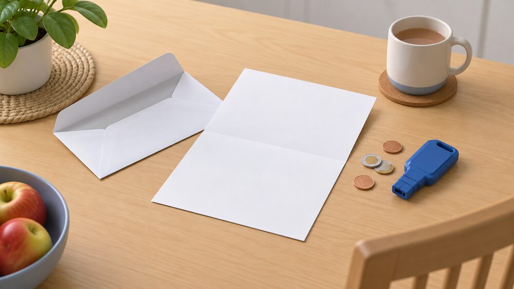 A blank electricity bill lies on a kitchen table beside an opened empty envelope, a prepayment meter key and a few coins, the moment of checking whether the discount has reached the account.