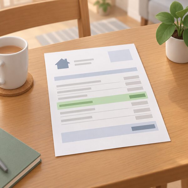 A paper domestic electricity bill lying on a household table, shown as a physical document with a distinct highlighted credit band among otherwise blank lines to represent the one-off discount applied to the electricity account.