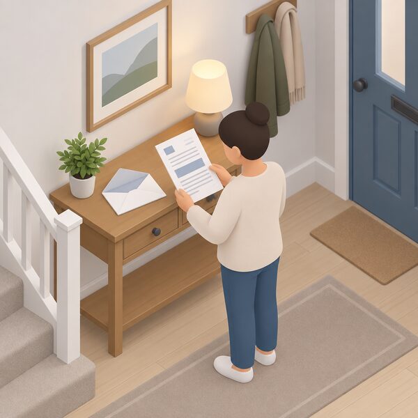 A letter lying on a hallway table in a home, opened envelope beside it, with a simplified isometric figure standing nearby reading the letter, its content shown only as blank lines and plain blocks so no amounts or words are readable.