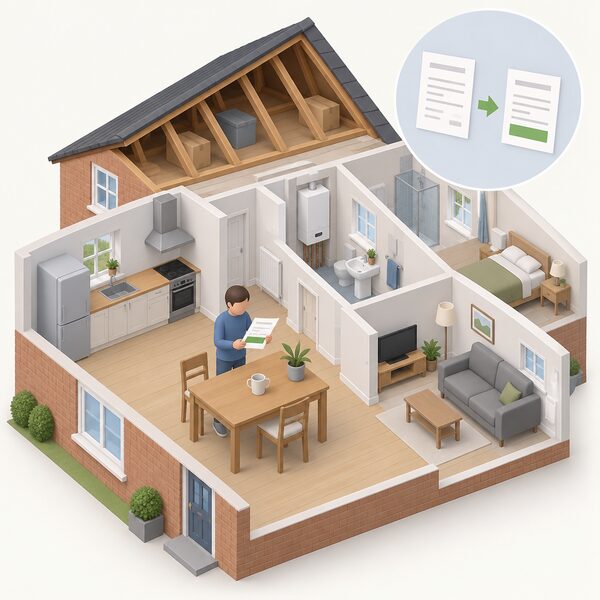 A person stands at a kitchen table holding an electricity bill shown as a paper sheet with a plain colour band marking the discount, while the home around them is visibly unchanged, with no loft insulation, no new boiler and no heat pump anywhere in the scene.