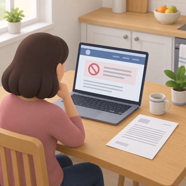 A laptop on a kitchen table displaying a supplier's website page with a plain statement block and blank lines indicating it is not participating in the Warm Home Discount scheme, with a printed letter lying beside it.