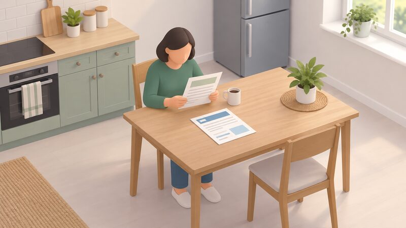 A householder seated at a kitchen table holds and reads a Warm Home Discount letter, with a paper electricity bill lying flat beside it, both shown as physical documents with blank lines and plain colour blocks carrying no readable words or figures.