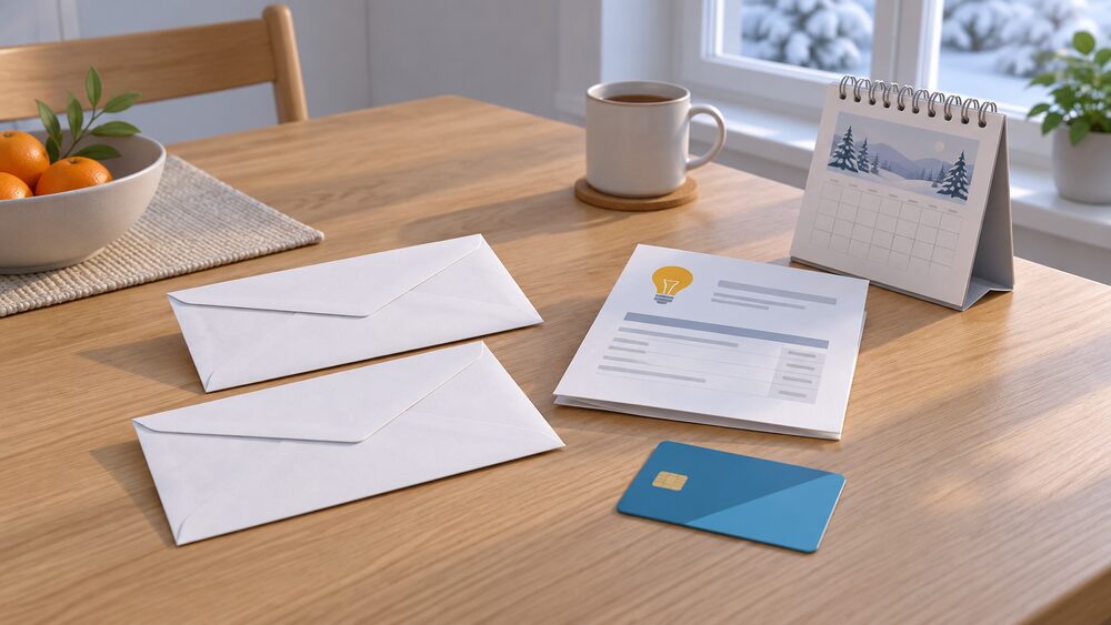 A kitchen table in winter daylight with two plain white envelopes lying beside a folded electricity bill, a prepayment meter top-up card and a small wall calendar, representing the two automatic winter payments arriving together.