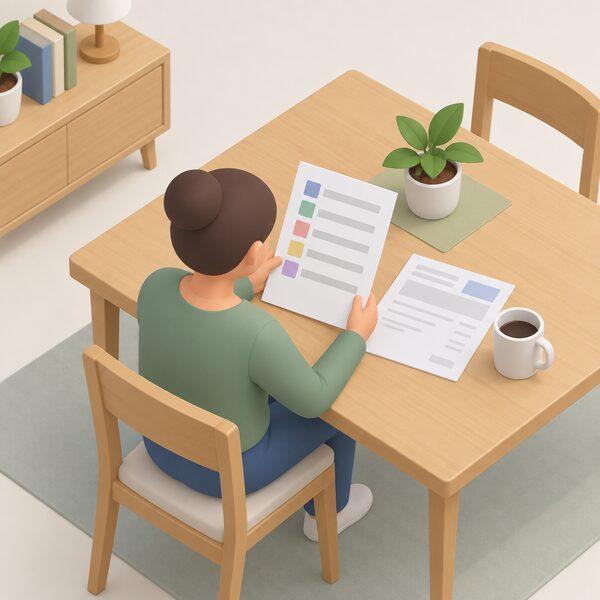 A printed letter lying on a household table beside an energy bill, its page showing a plain list of blank line entries with simple colour bands marking each qualifying means-tested benefit, with a small isometric figure reading it.