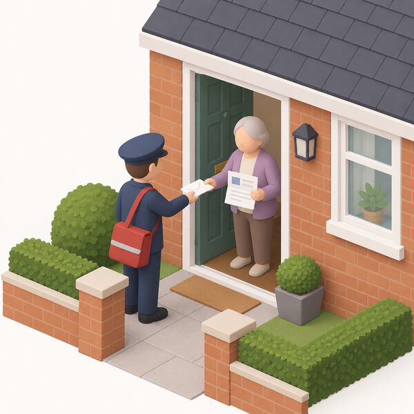 A postman at the front door of a modest brick house hands a plain envelope to an older resident, who stands in the doorway holding the opened letter, a simple letterhead block and blank lines visible, suggesting an invitation to phone a helpline and claim.
