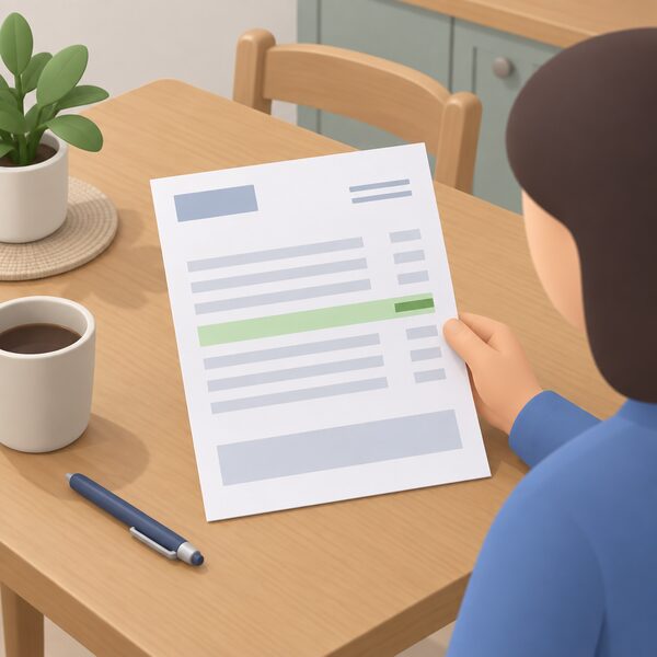 A paper domestic electricity bill lying on a kitchen table beside a pen, with a highlighted rebate line shown as a plain colour band among otherwise blank line items, and a simplified isometric figure's hand holding the bill's corner to read it.