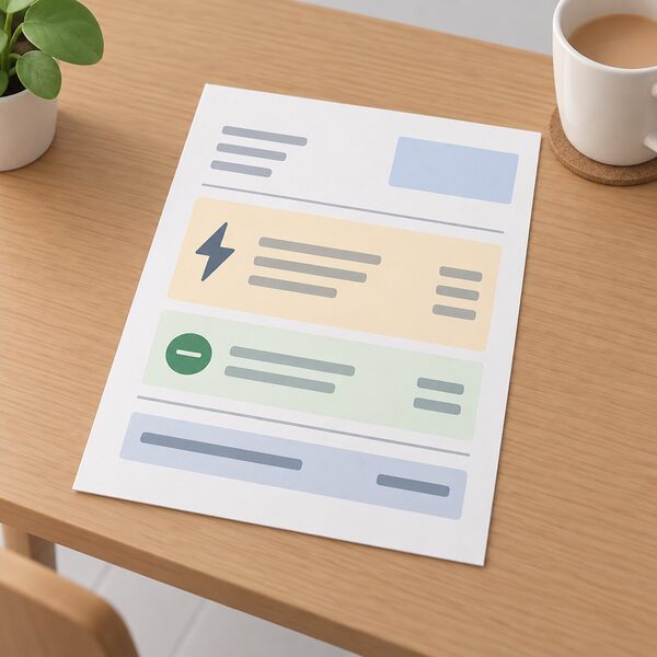 A paper electricity bill lying on a kitchen table, drawn as a physical document with blank lines and plain colour bands, showing a capped charges block and a separate discount block reducing the total owed.