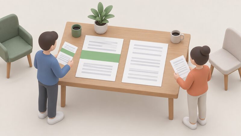 Two simplified household energy account statements shown side by side as physical documents on a table, one marked with a plain colour band showing the discount applied and the other without it, each beside a small isometric figure holding the statement.