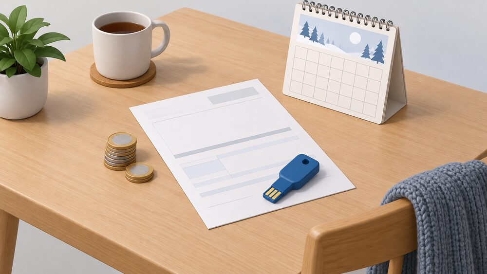 A kitchen table with a blank electricity bill lying flat, a small stack of coins beside it, a wall calendar propped behind, and a prepayment meter key resting on the paperwork, suggesting a winter electricity account credit rather than cash in hand.