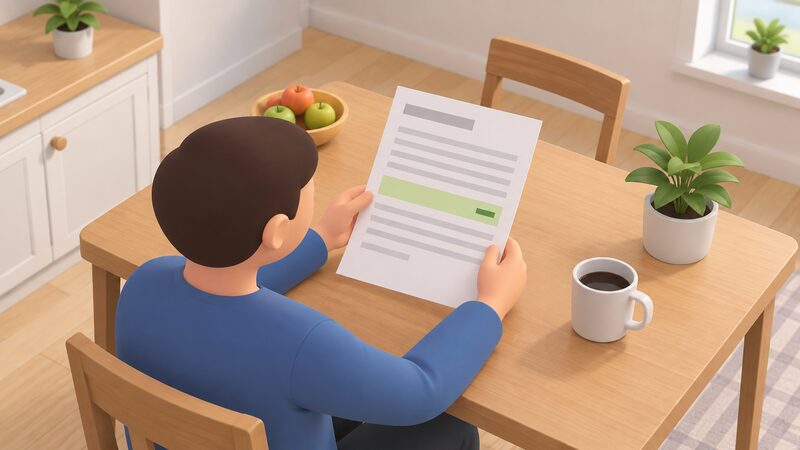 A paper electricity statement lying on a household table, held by a simplified figure, showing a plain highlighted credit line among blank item rows, with no cheque, voucher or bank transfer anywhere in the scene.