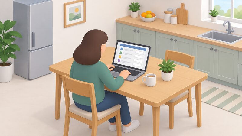 A householder sits at a kitchen table completing the online eligibility check on a laptop, the screen showing a simple form with blank lines and plain blocks for the questions about benefits, income, tax, council tax and housing costs, with no readable words or numbers.