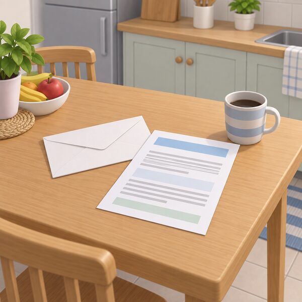 A closed envelope and a single letter sheet lying on a kitchen table, the letter's content shown only as blank lines and plain colour bands, with a plain mug beside it in a simple domestic kitchen setting.