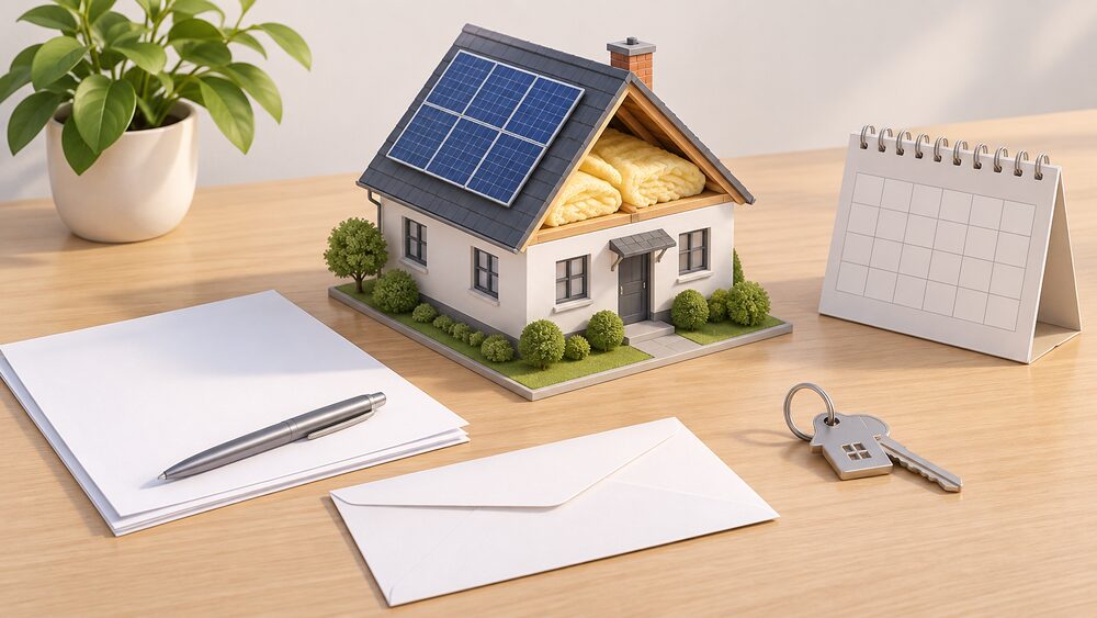 A small model of a house with rooftop solar panels and thick loft insulation sits on a table beside blank application paperwork, a sealed envelope, a house key and a small calendar, all lit by plain daylight.