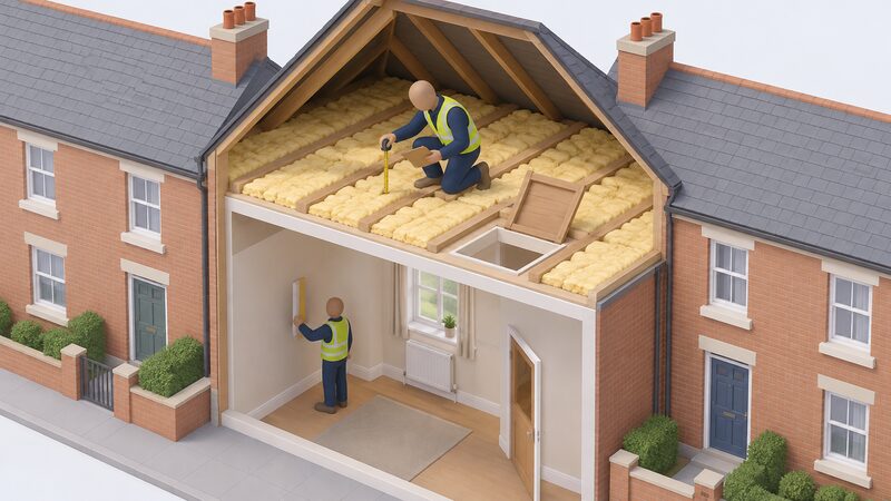 A council retrofit surveyor in plain workwear kneels in the loft of a terraced house, inspecting the depth of the loft insulation between the joists with a tape measure and clipboard, while a second view through the open loft hatch shows the same surveyor below checking the internal face of an external wall.