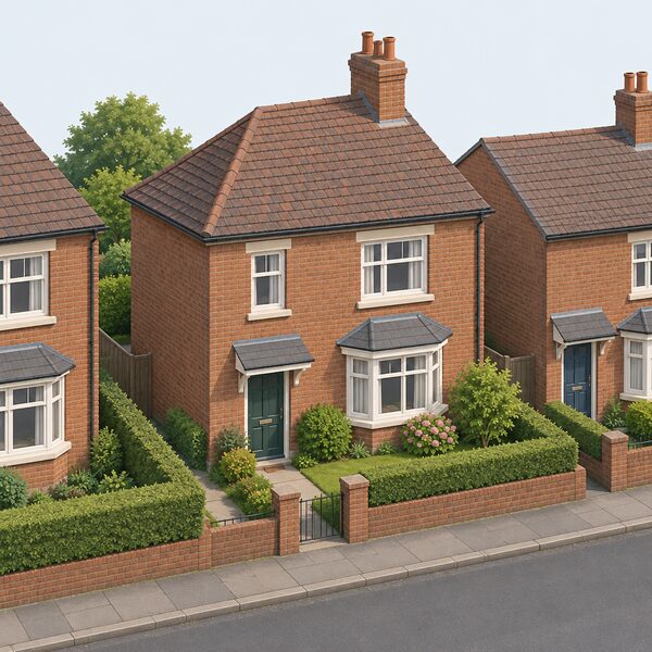 A modest older detached or semi-detached English brick house on an ordinary residential street, with a tiled roof, chimney, small front garden and plain windows, drawn as a simple everyday scene with no people or equipment, suggesting a privately owned home that could qualify for a grant.