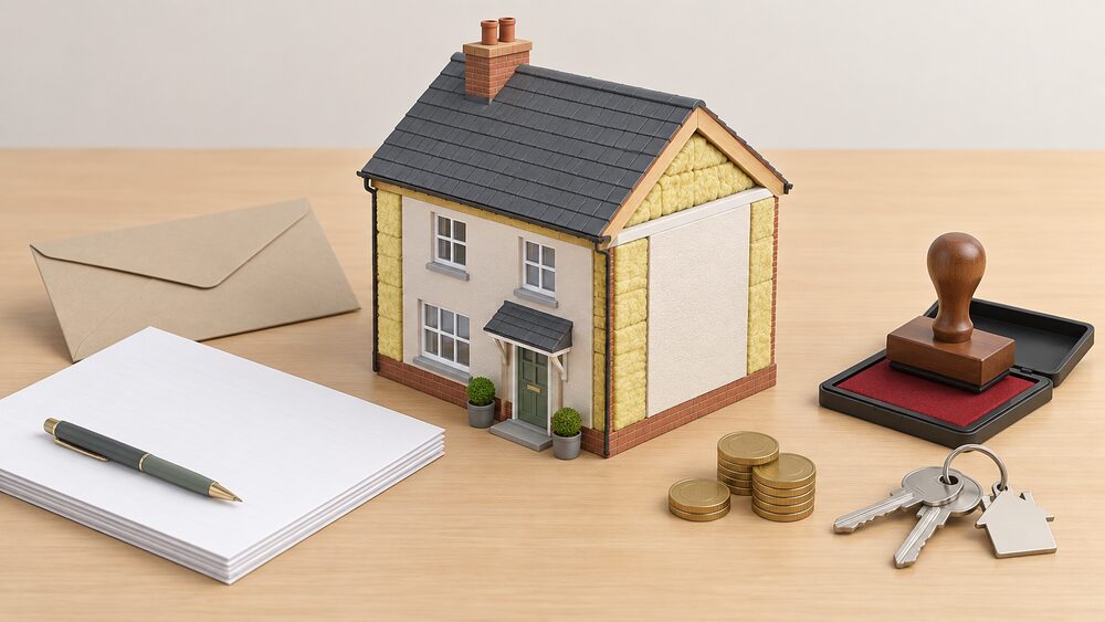 A small cutaway-free model of a modest British house with thick insulation layers visible on its walls and loft sits centrally on a table beside blank application paperwork, a sealed envelope, a council-style stamp pad, a set of keys and a small stack of coins.