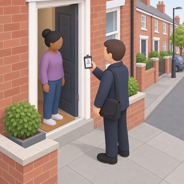 A council officer standing at the front door of a brick terraced house holds up a photo identification badge toward a resident, who stands in the open doorway facing them, with the street and neighbouring houses visible behind the officer.