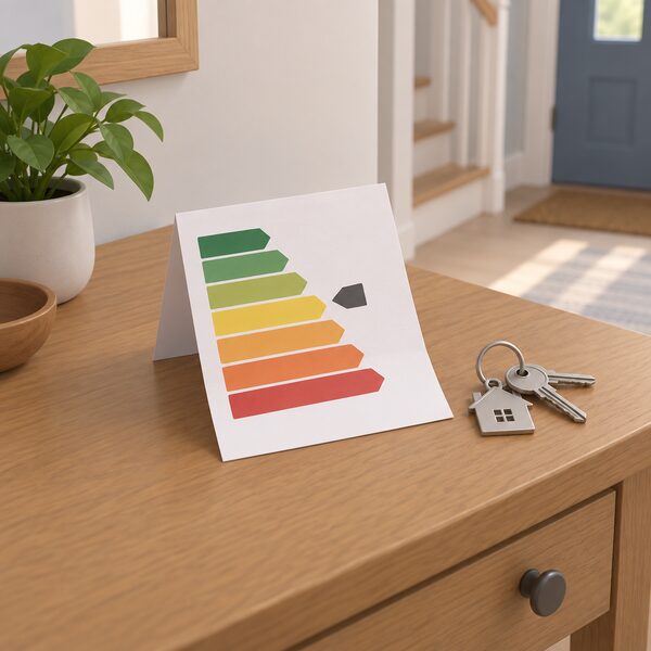 A folded energy performance certificate document lying on a wooden table in a home hallway, its front showing a plain colour band chart with a marker on one band, beside a set of house keys.