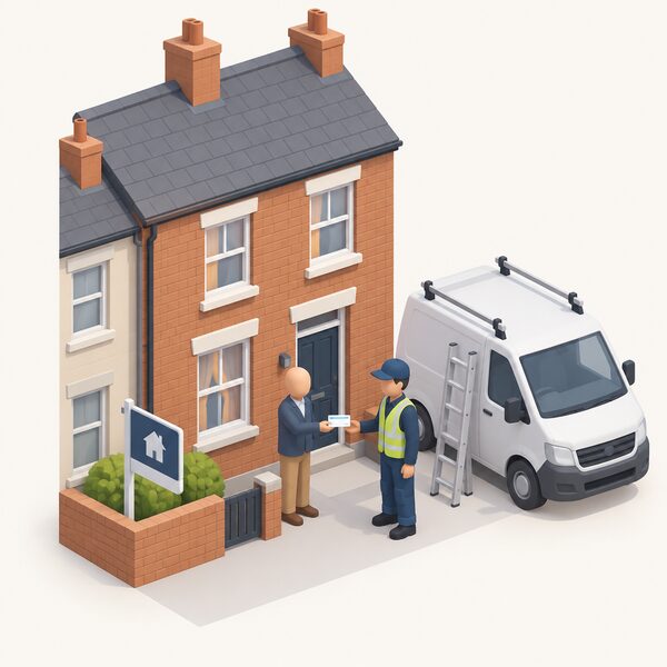 A simplified isometric landlord standing outside a small terraced rented house, handing a payment card or cheque to a scheme installer in work clothing, with the installer's van and a ladder nearby, showing the landlord contribution being paid before any upgrade works begin.