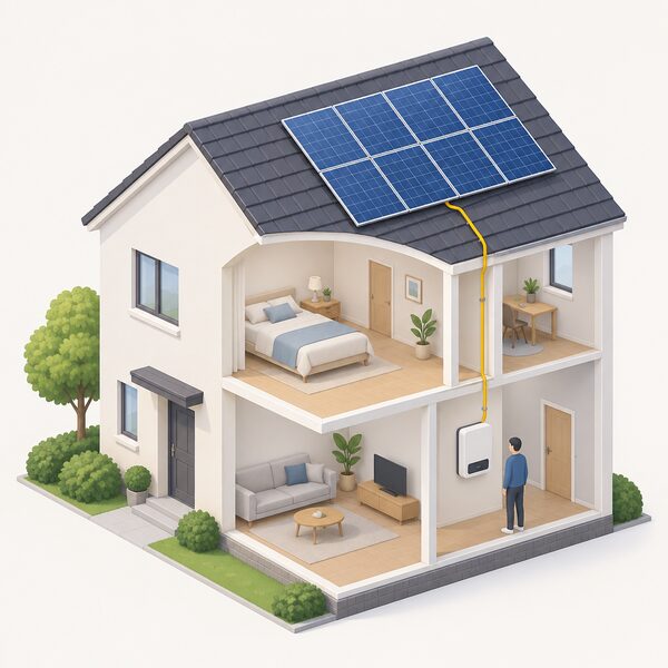 A cutaway view of a house showing solar PV panels on the roof and the inverter unit mounted on an inside wall, with a cable running from the roof down to the indoor unit.
