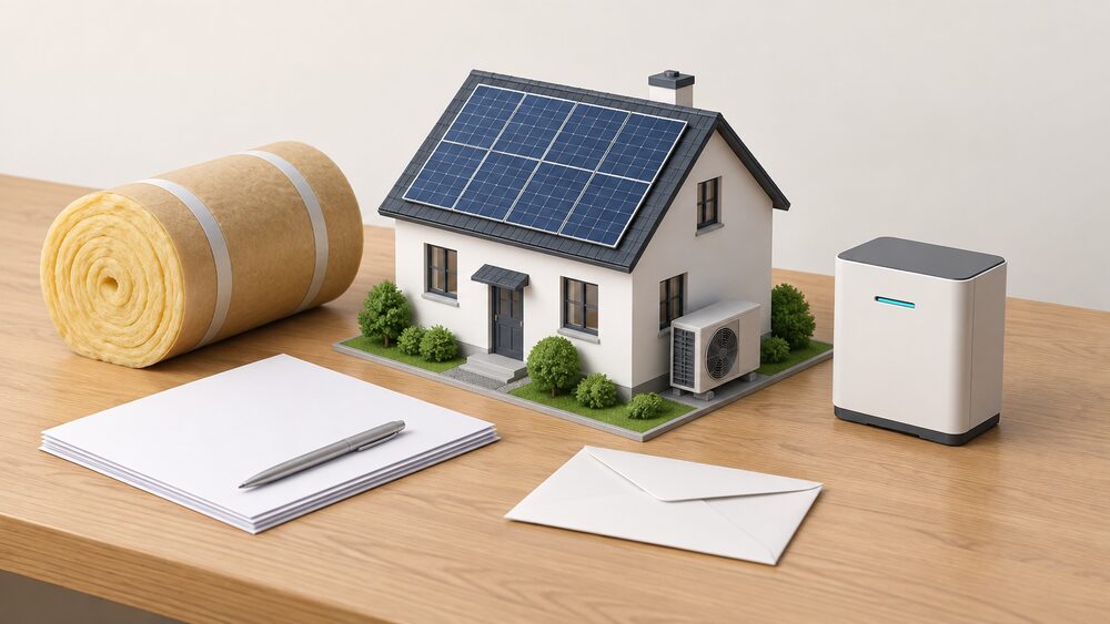 A small model of a privately owned house with solar panels on its roof and a tiny air source heat pump at its side, standing on a table beside a roll of loft insulation, a small battery unit, blank application paperwork and a sealed envelope.