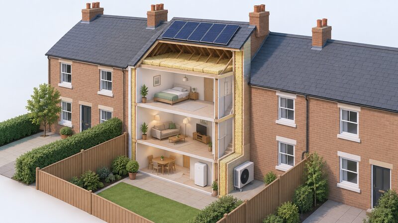 A cutaway diagram of a terraced house showing loft insulation in the roof space, insulated walls, solar panels on the roof, a battery inside the home and an air source heat pump on the outside rear wall.