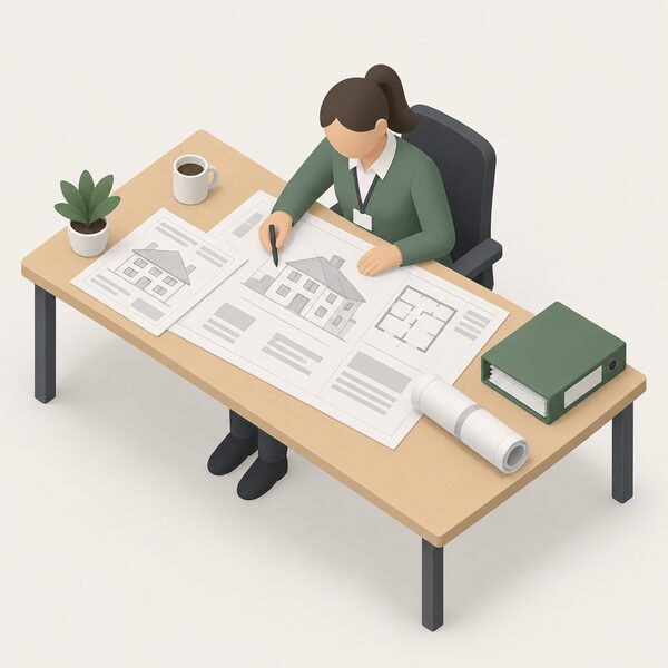 A qualified retrofit coordinator seated at a desk in an office, reviewing large printed retrofit plans and drawings of an existing domestic dwelling spread across the desk, with a rolled drawing and a folder of documents beside them, checking the plans against the retrofit standard before work proceeds.