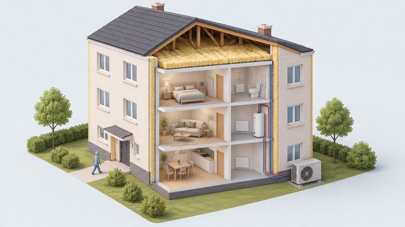 A cutaway diagram of a small social housing block showing external wall insulation on the outside walls, loft insulation laid across the loft floor, and an air source heat pump unit standing outside connected to the heating system inside.
