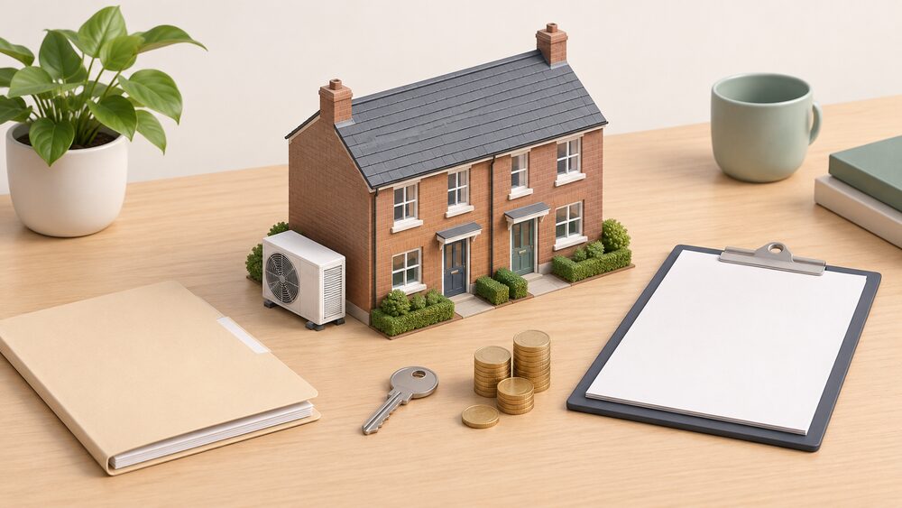 A small model of a terraced social house with a heat pump unit beside it stands on a table next to a blank application folder, a clipboard, a house key and a neat stack of coins, all arranged as a landlord preparing an upgrade project.
