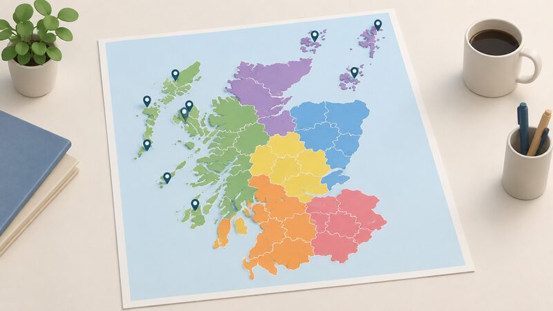 A simplified map of Scotland drawn as a printed sheet, divided by plain colour bands into six large delivery regions and smaller sub-zones, with small marker symbols on the islands and remote west and north coasts representing island-based installers.
