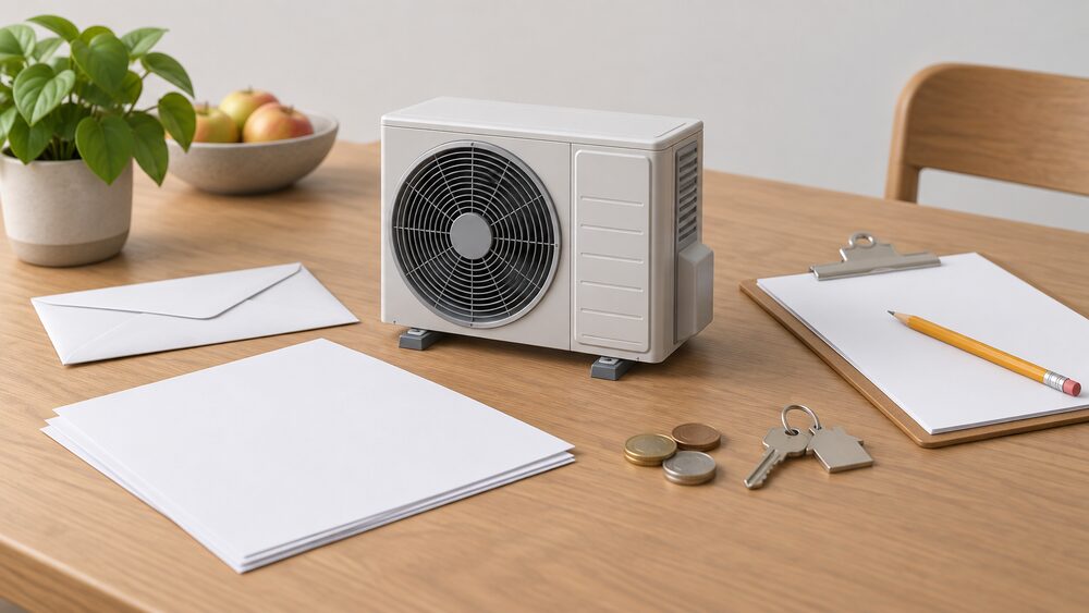A small model of an air source heat pump fan unit stands on a kitchen table beside blank application paperwork, a sealed envelope, a house key and a few coins, with a clipboard and pencil resting nearby.
