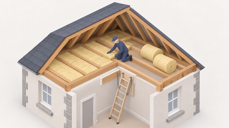 A simplified isometric installer in plain work clothing fits insulation between the joists of a loft space in a Scottish home, with rolls of insulation beside them and a ladder leading up through the open loft hatch below.