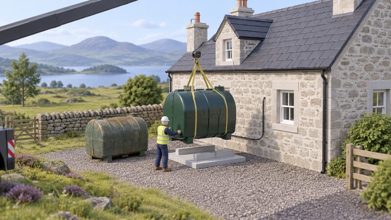 An installer at a rural Scottish cottage lowers a new oil storage tank onto its base beside the house while the old substandard tank, disconnected from the oil feed line to the boiler, stands ready to be taken away.
