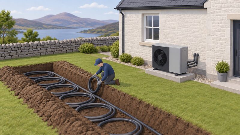 An installer in plain work clothing kneels beside a trench outside a Scottish home, lowering a coiled ground loop into the ground while the ground source heat pump unit sits on a concrete pad nearby with pipework running toward the house wall.