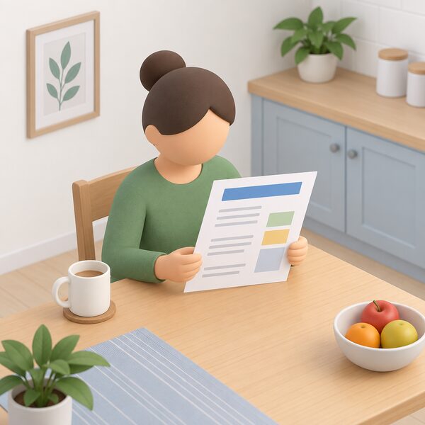 A letter lying on a kitchen table in a home, held by a simplified figure, showing the household's grant support package as blank lines and plain colour blocks with no readable figures, conveying the value of support rather than any equipment.