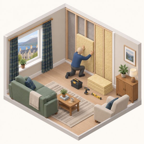 A simplified isometric installer in plain work clothing fitting insulation to the inside of an external wall in a lived-in room of a Scottish home, with tools and insulation boards beside them and household furniture moved back to show the work in progress.