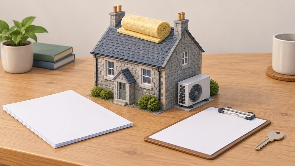 A small model of a stone Scottish house with a heat pump unit at its side and a roll of loft insulation on its roof, standing on a table beside blank application paperwork, a clipboard and a house key.