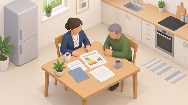 A Home Energy Scotland adviser sits at a kitchen table with a householder, both looking over paperwork and an energy performance certificate laid out between them as they discuss advice and referral options.